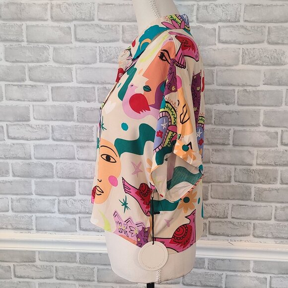 Sunburst Kiss Art to Wear All Over Print Top Blouse NEW L Dopamine Funky - Picture 3 of 7